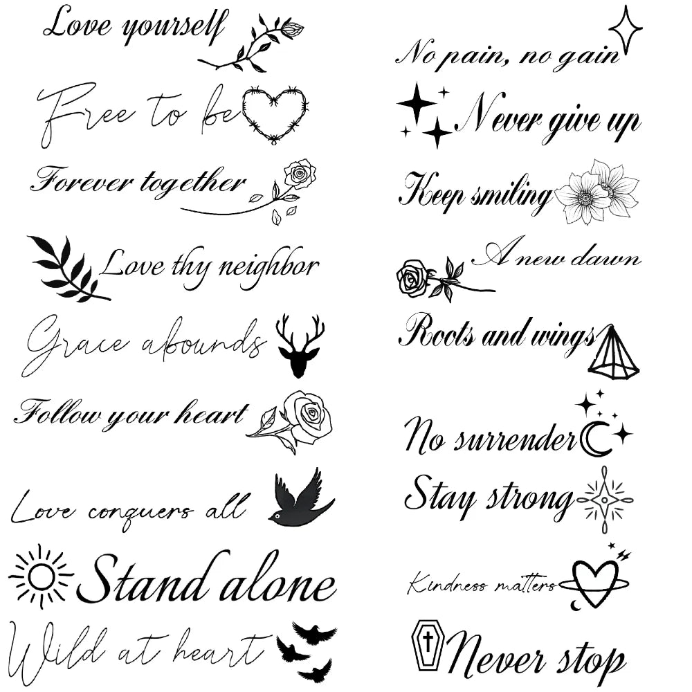 Tattoo Stickers English Word Waterproof Long Lasting Realistic Transfer Temporary Black Letters Feather Body Art For Men Women