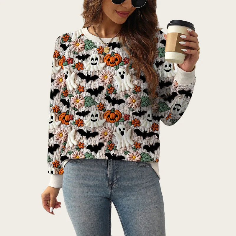 Autumn and Winter New Ghost Pumpkin Halloween Pullover Sweatshirt for Women, Plus Size
