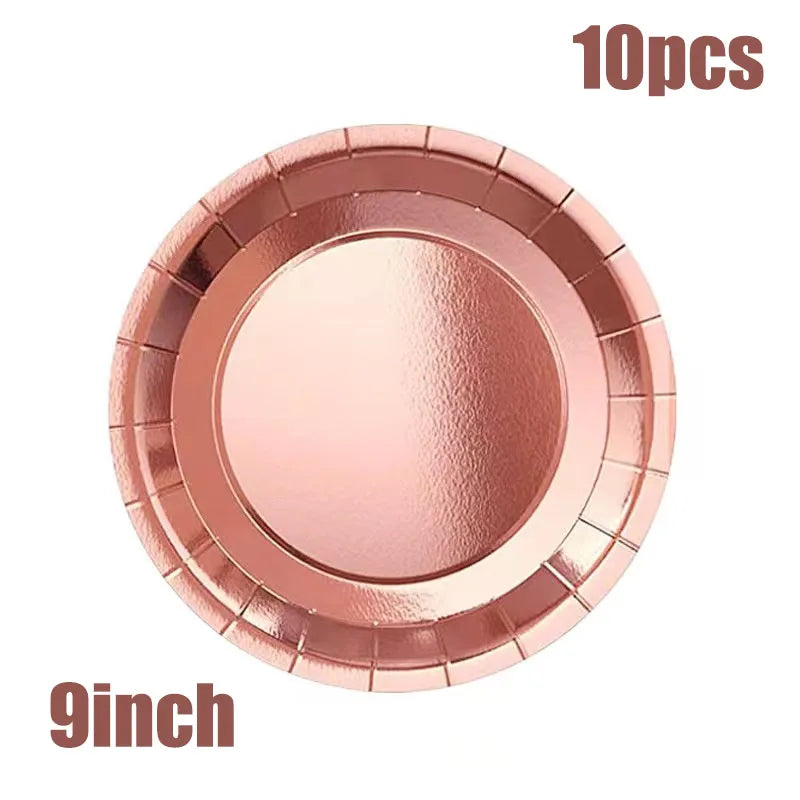 Rose Gold Disposable Tableware Sets Rose Gold Stamping Paper Plates Napkins Queen Princess Girls Happy Birthday Party Supplies