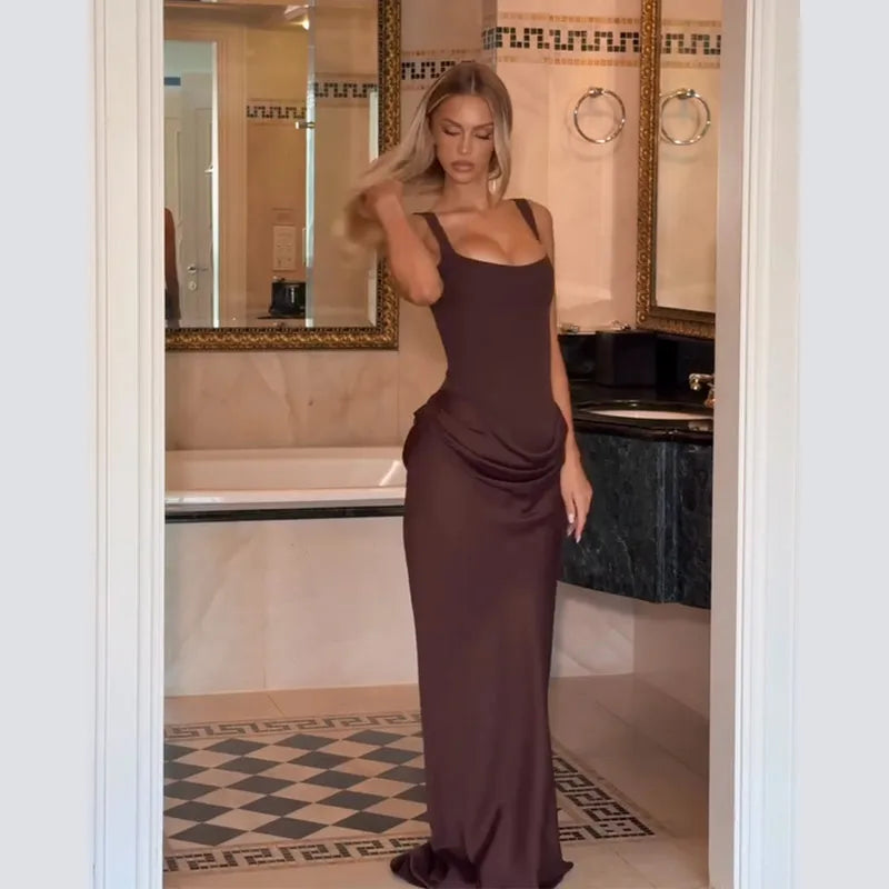 Fashion Solid Strapless Backless Pleated Dress Women Sleeveless Waist Slimming Long Gown Spring Lady Evening Party Robe 2026 New