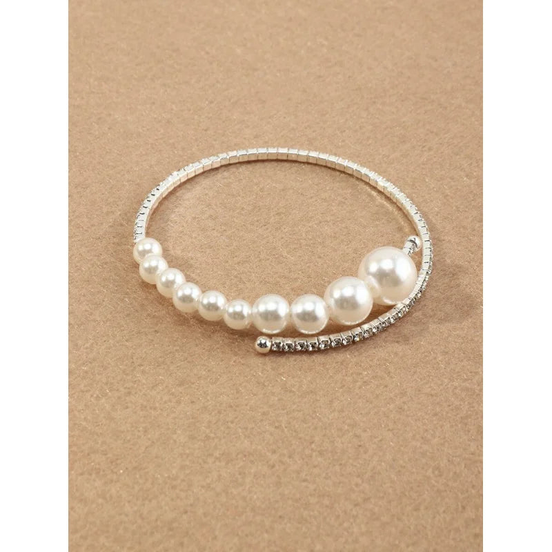 1pc Fresh & Elegant Diamond Inlaid Faux Pearl Open Ended Adjustable Bracelet