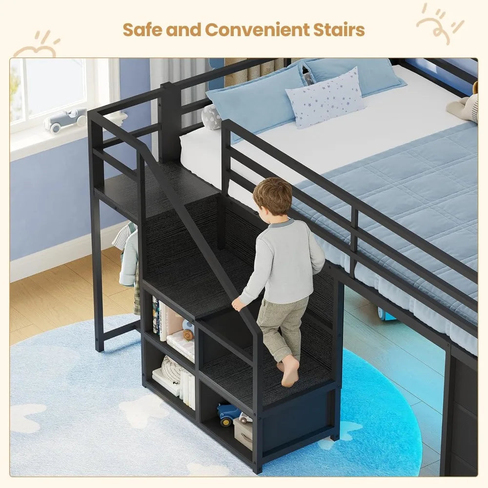 Low Loft Bed Twin Size with Stairs, LED Lights, 7 Drawers & Storage for Kids, Black