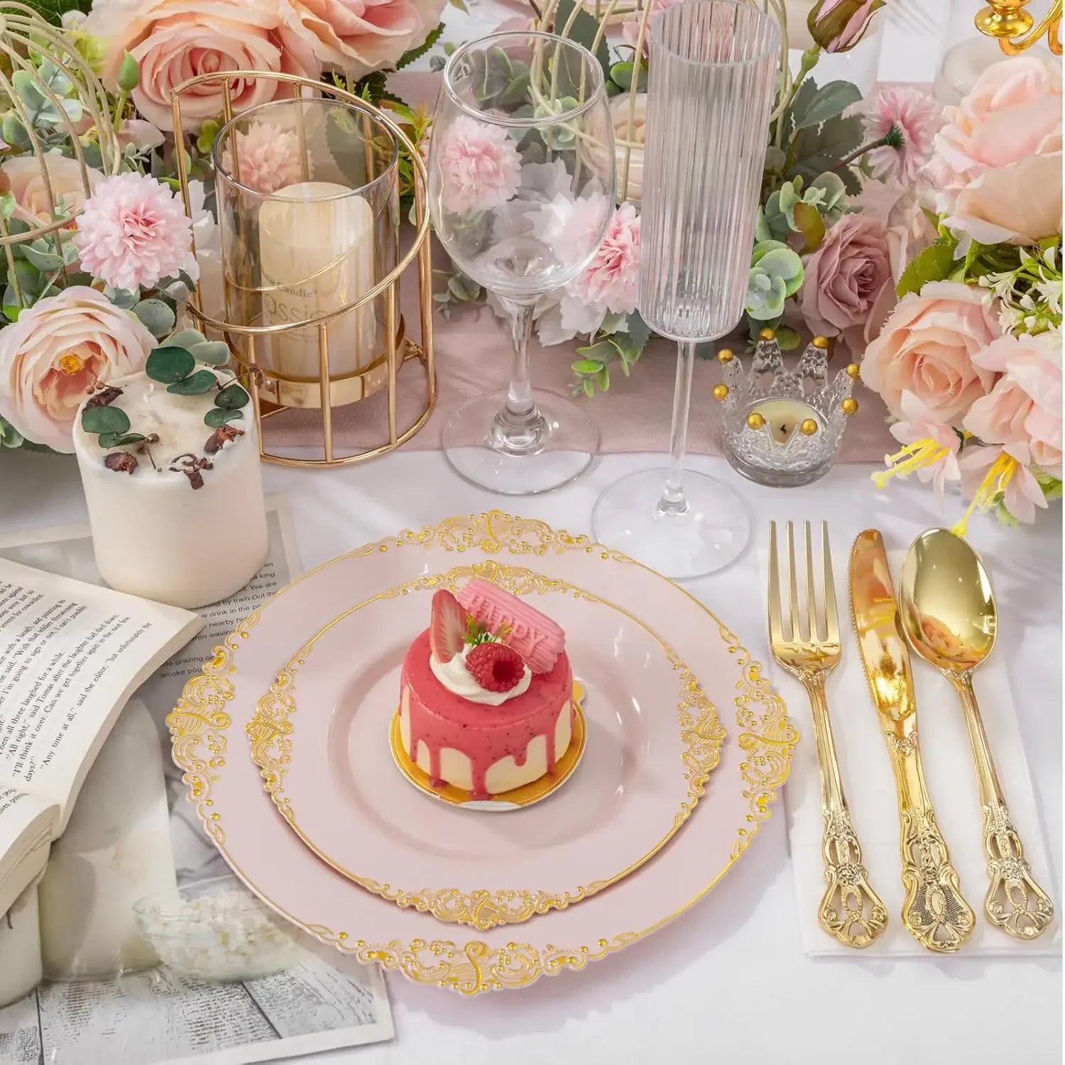 hot-selling200PCS Pink and Gold Plates - Pink Plastic Plates - Fancy Disposable Plate with Gold Rim - Vintage Wedding Dinner & D
