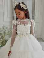 Customized White Flower Girl Dresses Tulle Tiered Flory with Tailing Long Sleeve for Wedding Birthday Party First Communion Gown