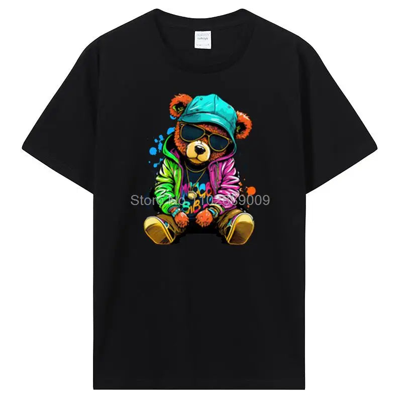 Teddy Bear Playing Badminton T-shirt Cotton Clothing Tops Graphics Kawaii Men Women Short Sleeve Print TShirt Tees