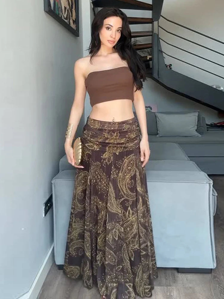 Fashion Print Long Skirt Women High Waist Ankle-length Loose Swing Skirt 2025 Summer Fashion Female Vacation Streewear Outerwear