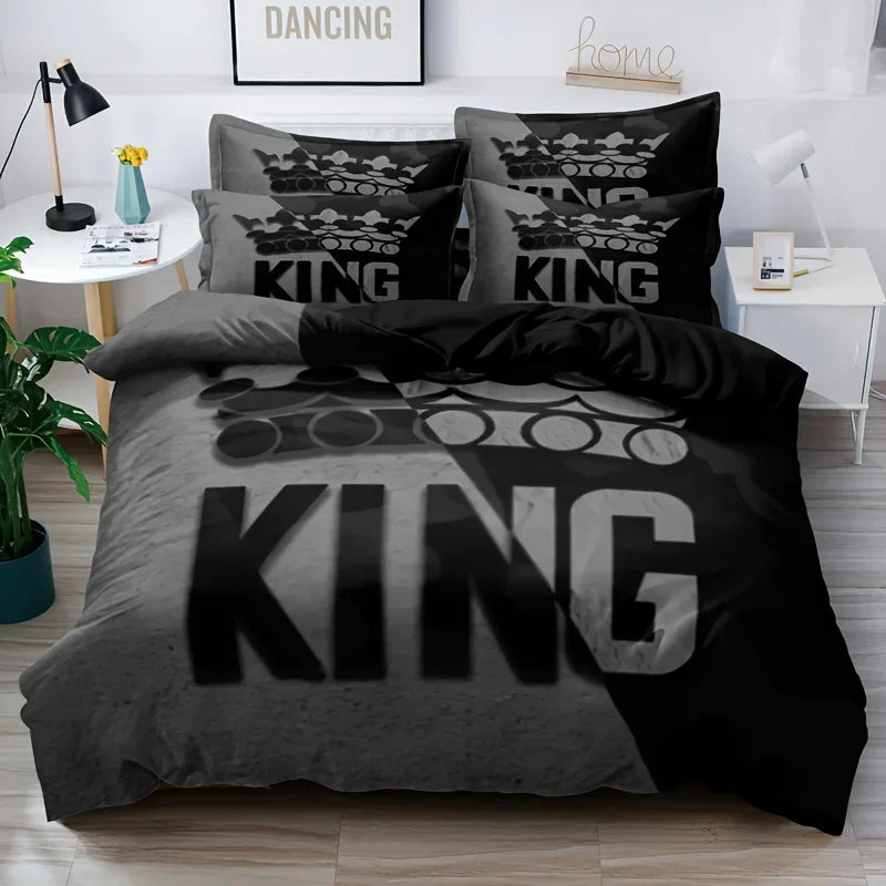 3pcs Grey and Black King Size Bed Pattern Down Duvet Cover Set Soft and Comfortable Bedroom and Dormitory Decoration Bedding Set