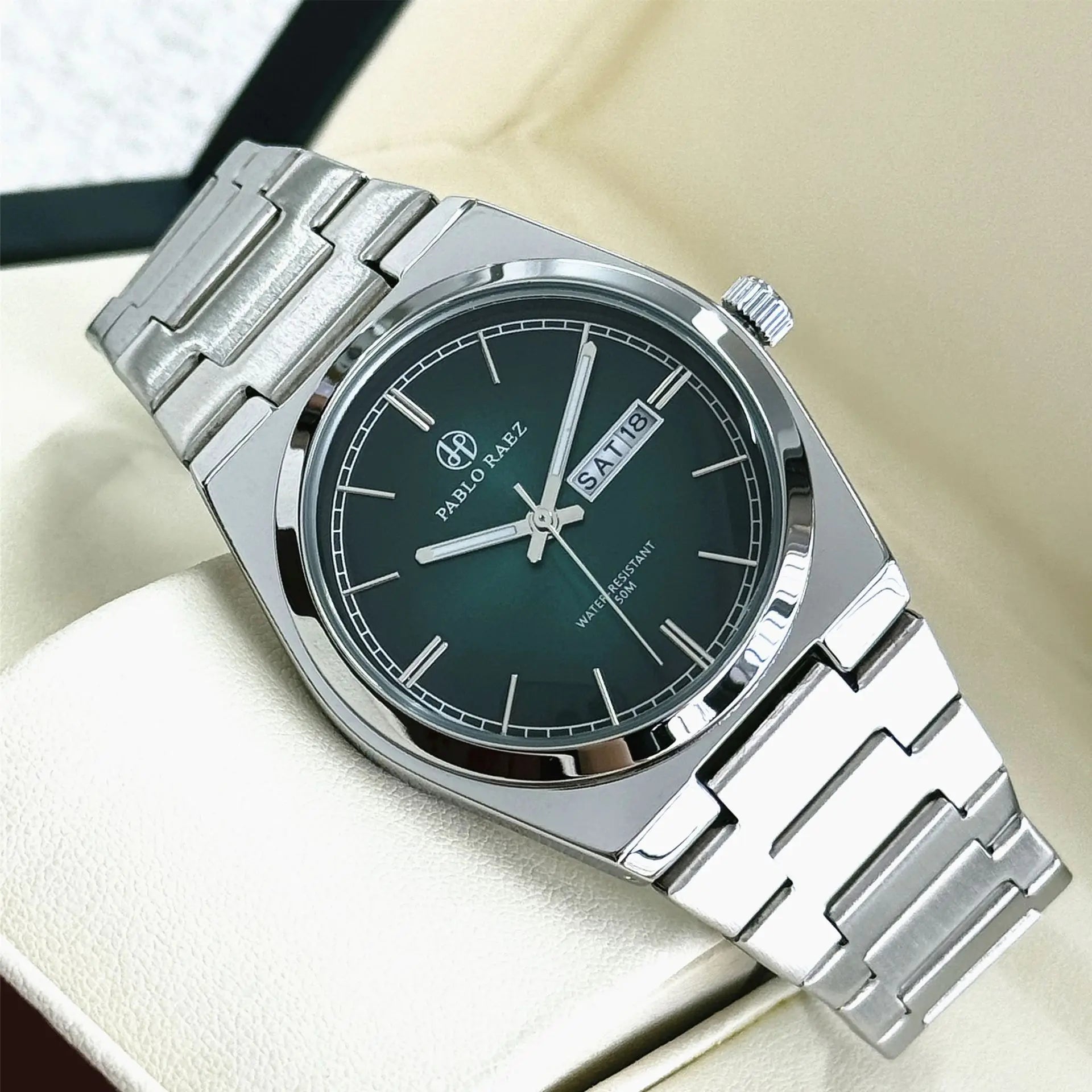 2026 new steel couple's watch, gradient green dial, butterfly buckle, dual calendar, P36, luminescent, waterproof watch