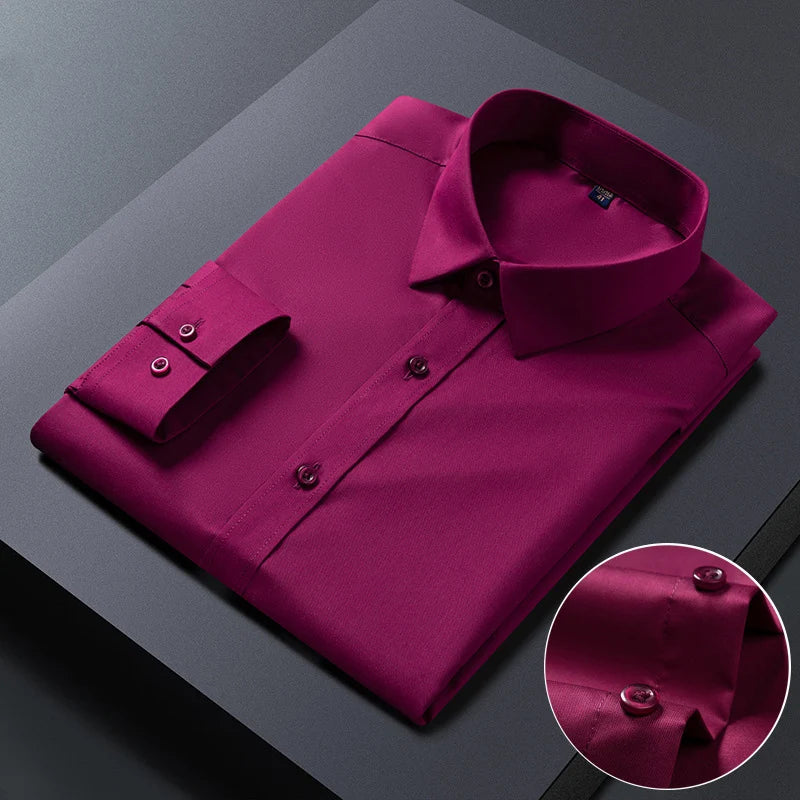 Spring Autumn Men Long Sleeve Shirts Business Casual Wrinkle Resistant Solid Color Formal Dress Slim Fit Work Social Shirt S-8XL