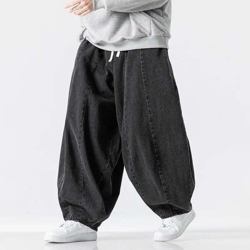 2025 New Men's Pants Large Japanese Retro Loose Haren Straight Leg Pants Hong Kong Style Wide Leg Cowboy Lantern Pants