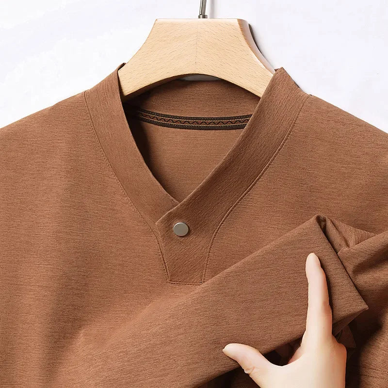 2026 Korean Style Men's Casual and Fashionable One Button V-neck Solid Color Short Sleeved T-shirt Summer Versatile Top