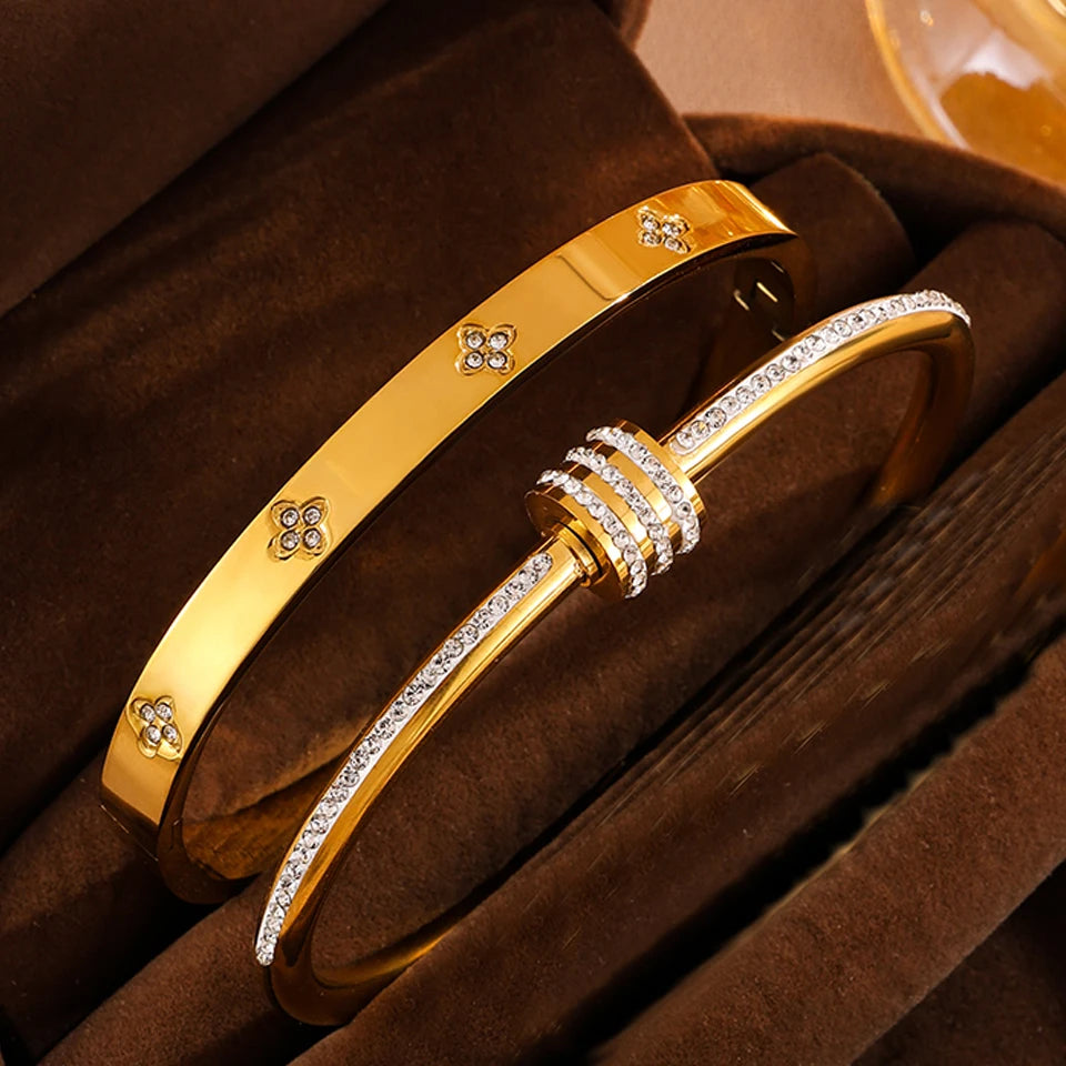 Yupsk 2Pcs/Set Sparkling Zircon Inlaid Stainless Steel Bracelet Waterproof Bangles Exquisite Valentine’s Day Jewelry Gift Women