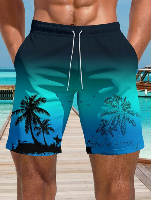 Retro Coconut Tree 3D Printed Men's Shorts Hawaiian Quick-Dry Gradient Short Pants Swim Trunks Loose Shorts Summer Man Clothing