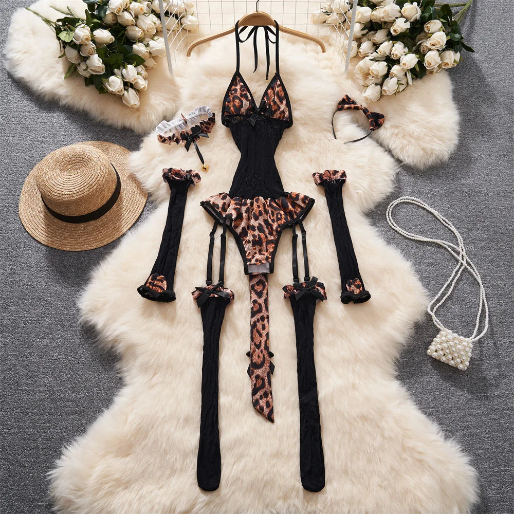 Valentine Party Sleepwear Combination Catsuits Slim Intimate Erotic Mesh Strappy Rompers Women Bodysuits Lingerie Sexy Sets