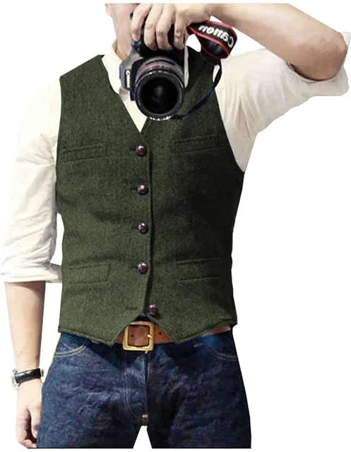 V Neck Men's Suits Vest Casual Classic Formal Business Herringbone Tweed Slim Fit Waistcoat For Wedding Groomsmen