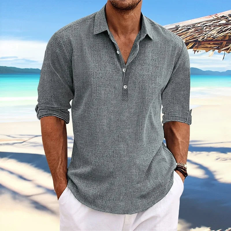 2026 Summer High Quality Men's Casual Cotton Linen Long Sleeve Shirt Solid Color Lapel Button Loose Tops Business Casual Blouse