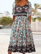 2025 summer new women's Bohemia loose fashion print round neck short sleeve long dress