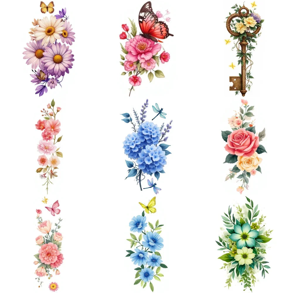 9pcs Colorful Flower Temporary Tattoos Stickers 3D Disposable Body Arm Tatoo Sticker Men Women Waterproof Fake Tatoos