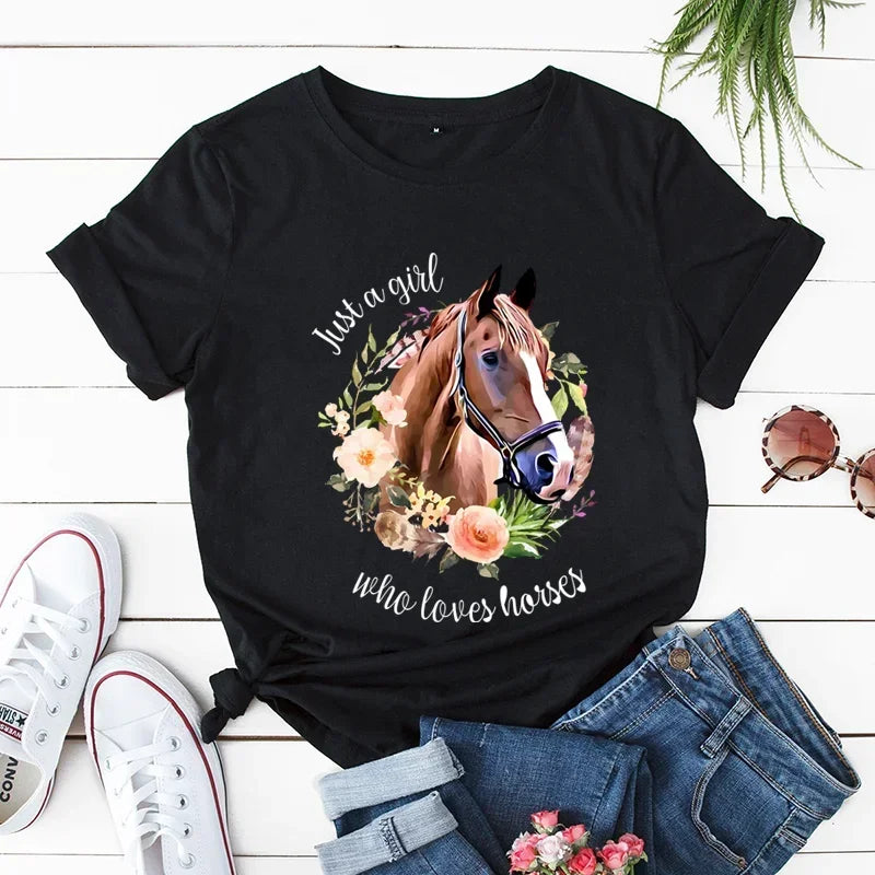 Just A Girl Love Horse Print Women T Shirt Short Sleeve O Neck Women Tshirt Flowar Horse Ladies Tee Shirt Tops Camisetas Mujer