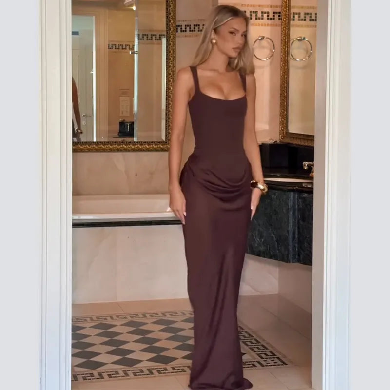 Fashion Solid Strapless Backless Pleated Dress Women Sleeveless Waist Slimming Long Gown Spring Lady Evening Party Robe 2026 New