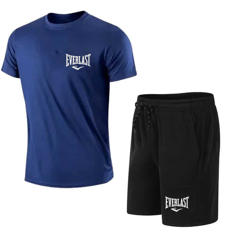 Men's T-shirt + Shorts 2-piece Set - Comfortable and Breathable Short-Sleeved Sporty Running Fitness Brand Printed Clothing