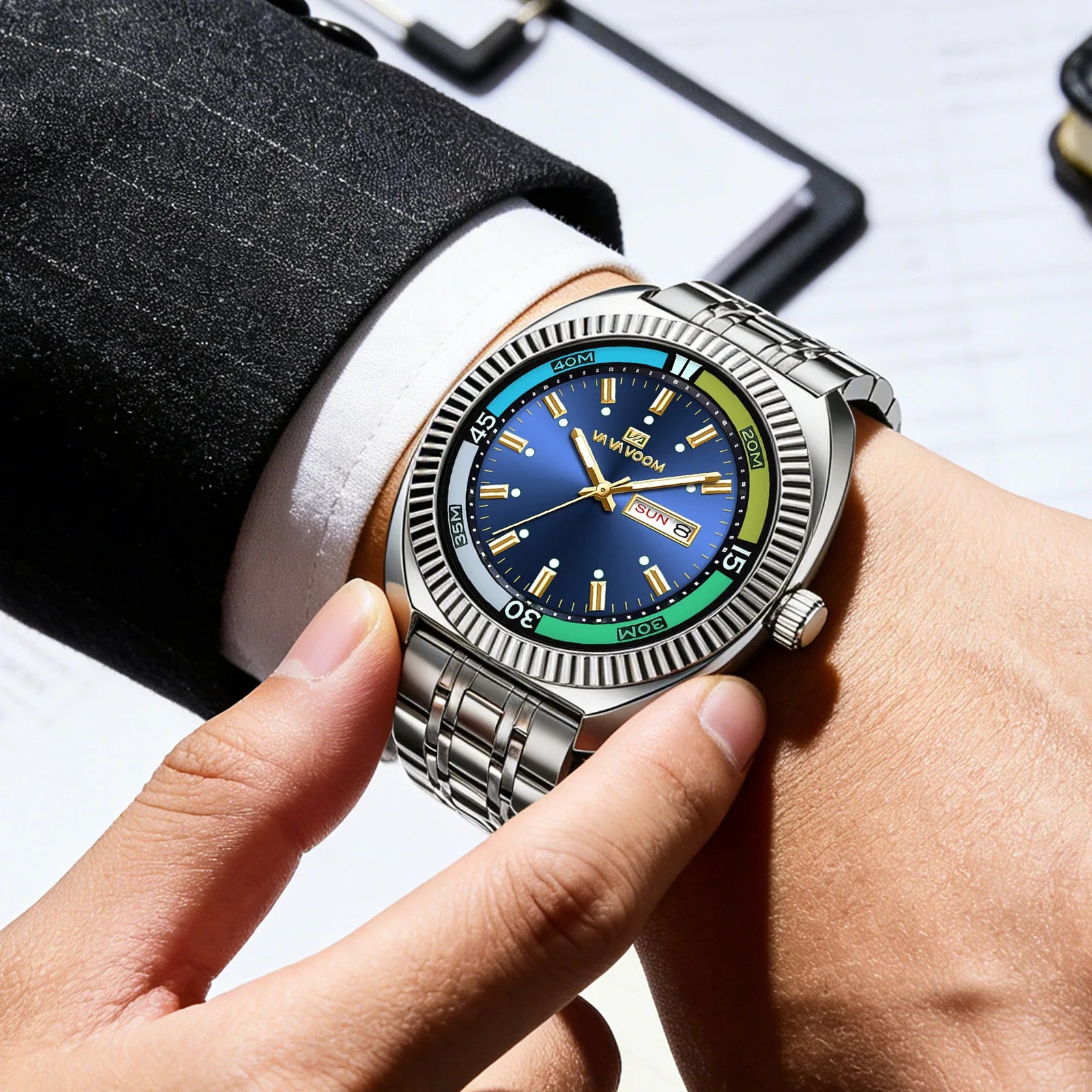 New Gear Ring Steel Strip Watch For Men Doubles Calendar Night light Large Dial Waterproof Male Fashion Quartz Clock Watches