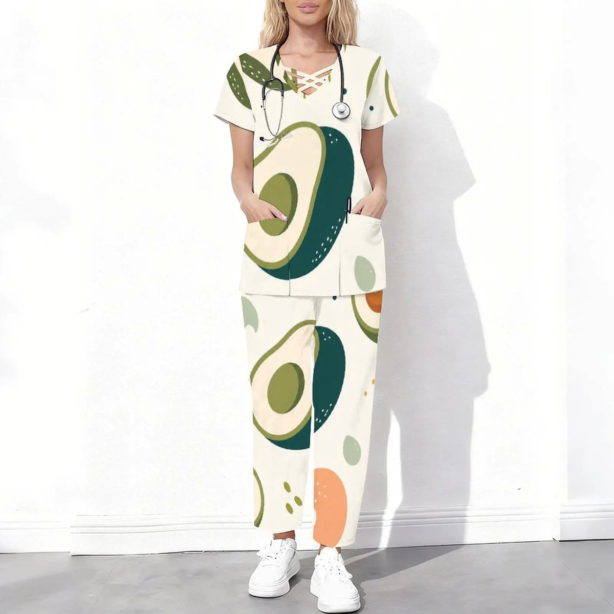 Women Abstract Fruit Leaf Print Short Sleeve Cutout Neck Scrub Set Pockets Top Long Pants Two Piece
