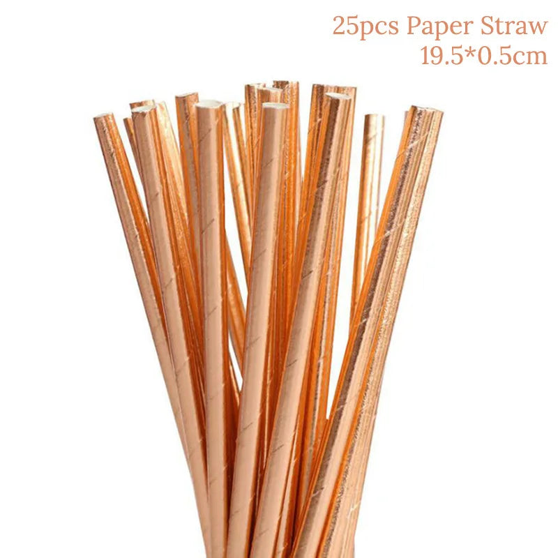 Rose Gold Disposable Tableware Diamond Pattern Paper Cups Plates Straws Table Decoration Wedding Birthday Party Supplies