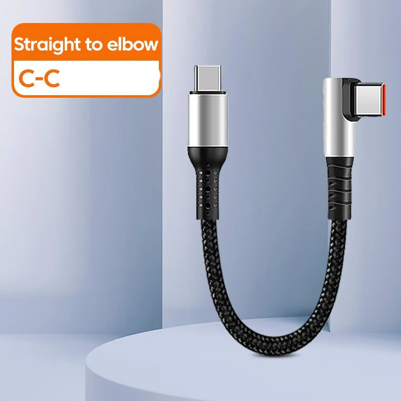 6A 0.25 0.5M Short Cable 90 Degree Elbow USB A Type C to Type C Cable Fast Charging Data Cord Power Bank Wire For iPhone 15 IPad