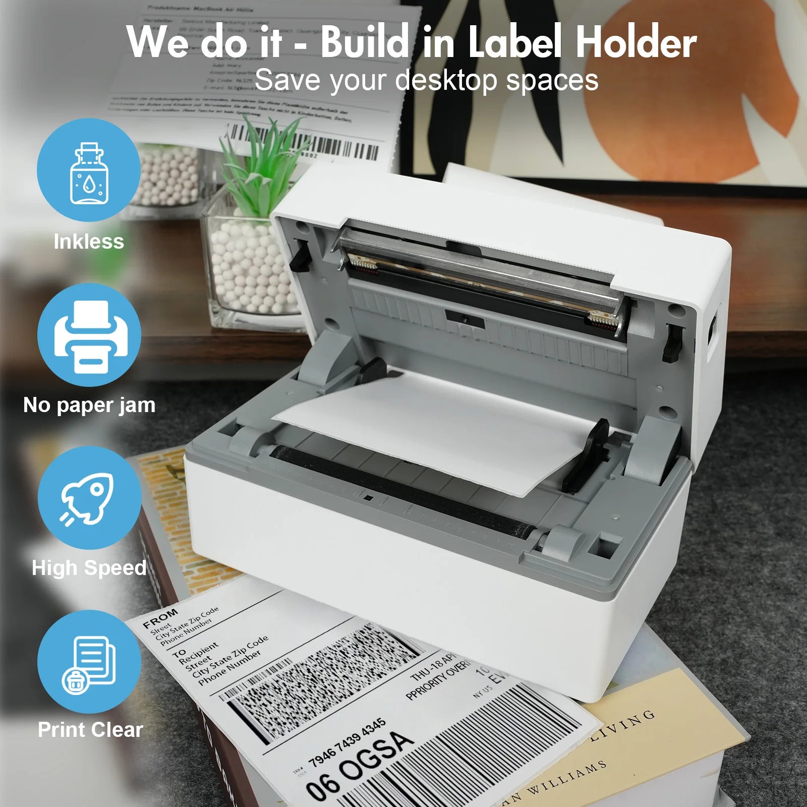 Thermal Label Printer Portable No Ink Required 203DPI 4x6 for Small Business Bluetooth USB High Speed Express Airway Bill