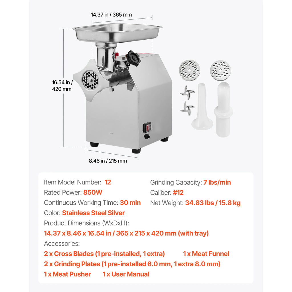 SucceBuy Commercial Electric Meat Grinder 7/5 lbs min #12/8 Industrial Meat Mincer with 2 Grinding Plates for Kitchen Restaurant