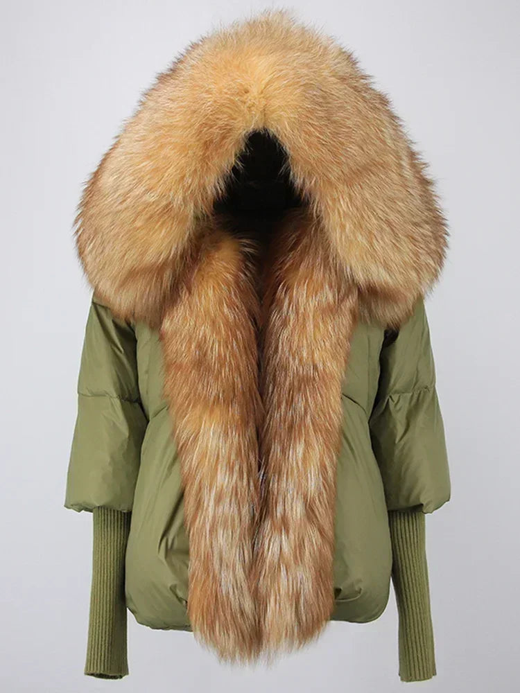 2024 Winter Puffer Jacket Women Real Fox Fur Collar Hooded Natural Thick Warm Loose Oversize Duck Down Coat Streetwear Outerwear