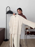 Casual Frog Buttons Linen Two Piece Set Women Lace Up Stand Collar Shirts Wide Leg Pants 2026 Spring Summer Lady Loose Outfits