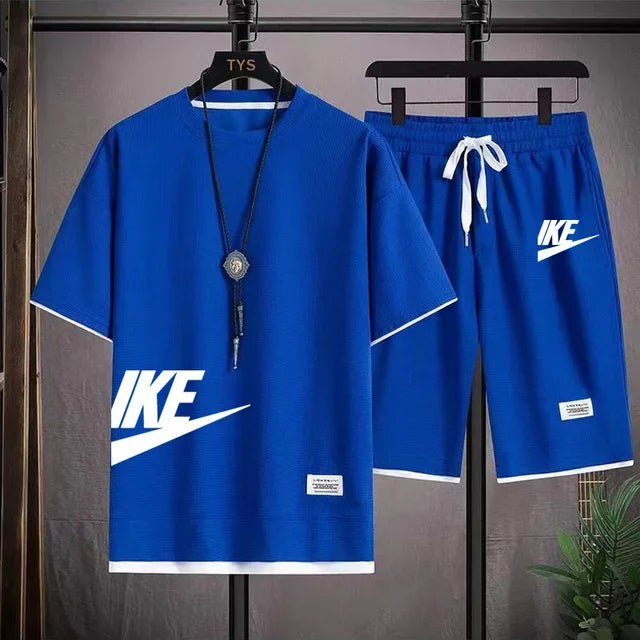 Summer fashion short-sleeved T-shirt + sports shorts set, men's casual jogging and fitness sportswear breathable two-piece set