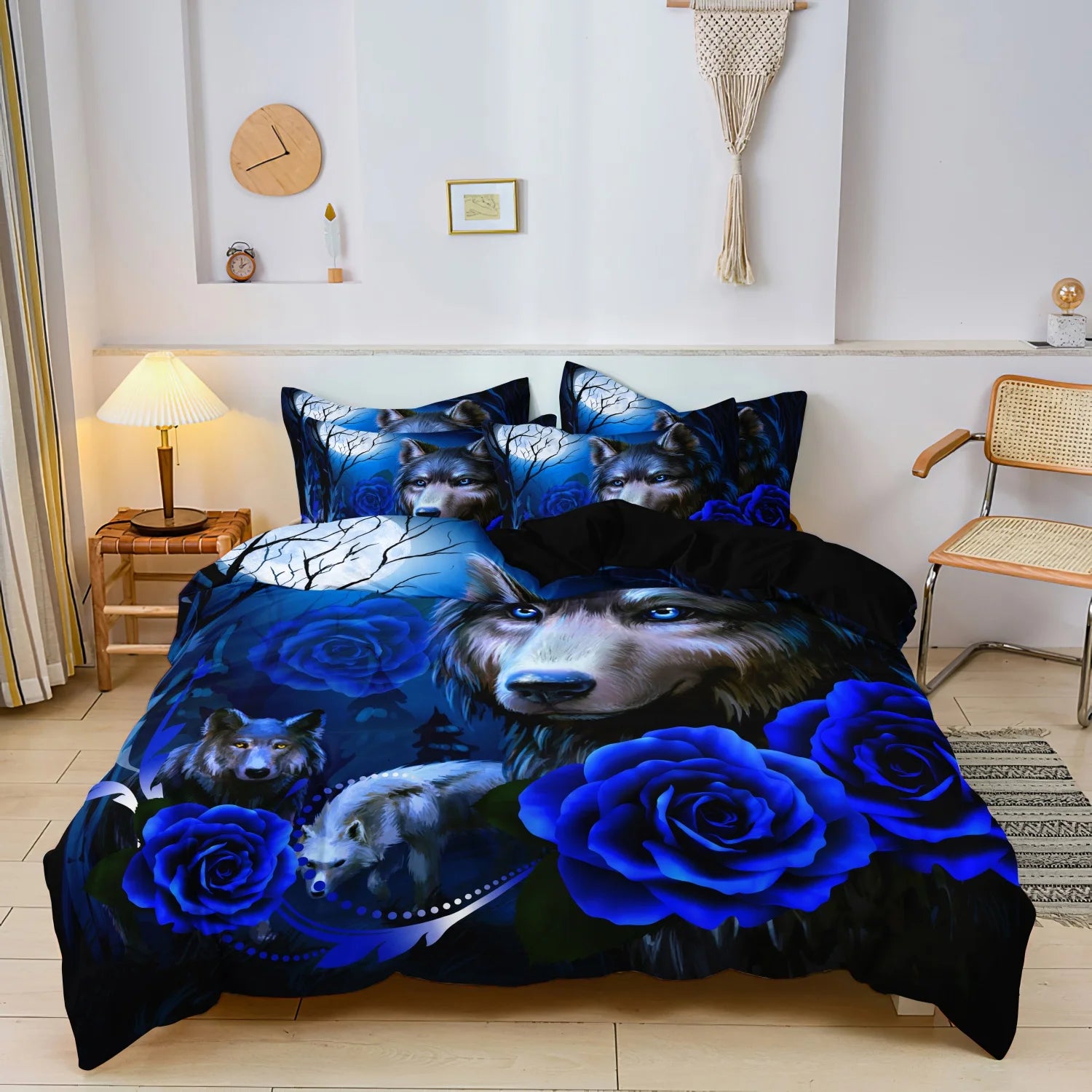 3pcs Set,Romantic Wolf & Rose Print Bedding Duvet Cover Set (1 Duvet Cover + 2 Pillowcases), HD Print For Home And Dorm Use
