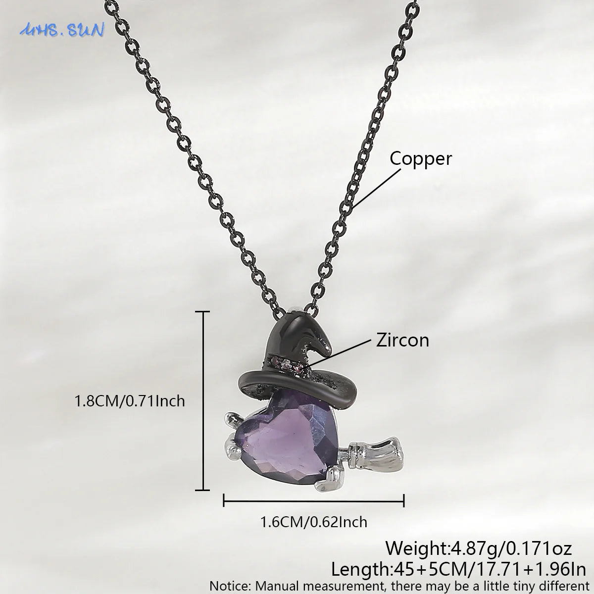 MHS.SUN Gothic Black Witch Hat Broom Pendant Necklace for Women Vintage Purple Zircon Heart Halloween Jewelry Festival Gifts