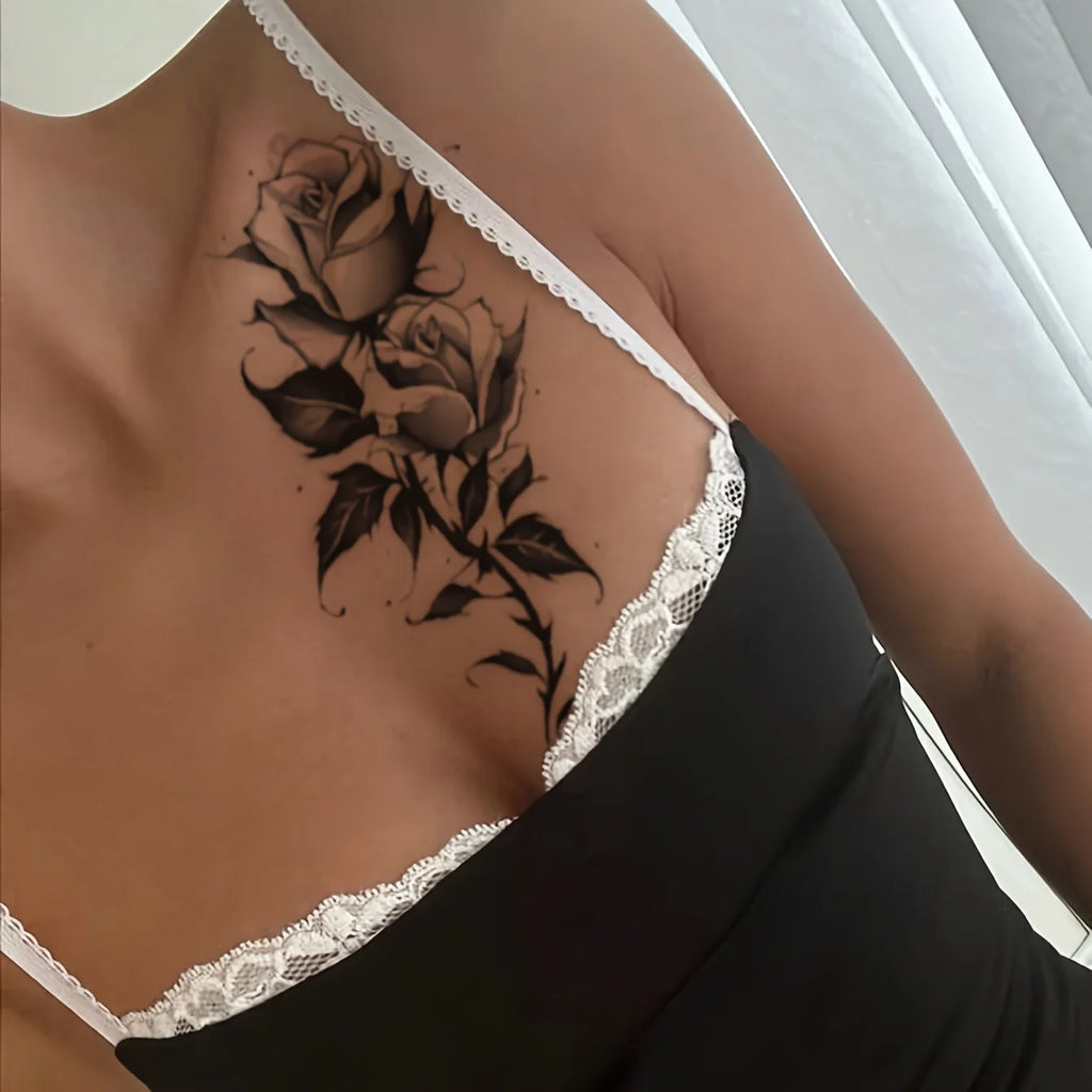 2pcs Black Flower & Butterfly Temporary Tattoo Stickers For Women, Waterproof & Long Lasting Fake Tattoo For Arm, Leg & Chest