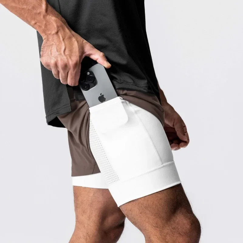 Men's Summer Gym Fitness Double Layered 2-in-1 Quick Drying Running Exercise Jogging Shorts Bodybuilding Sports Pants