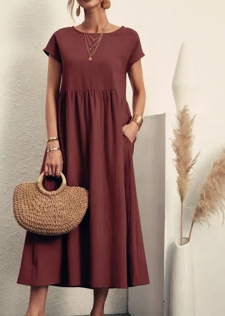 Dresses for Women  Cotton Linen Midi Casual  Short Sleeve Loose A-Line Sundress with Pockets  Solid Color Oversized Long Dress