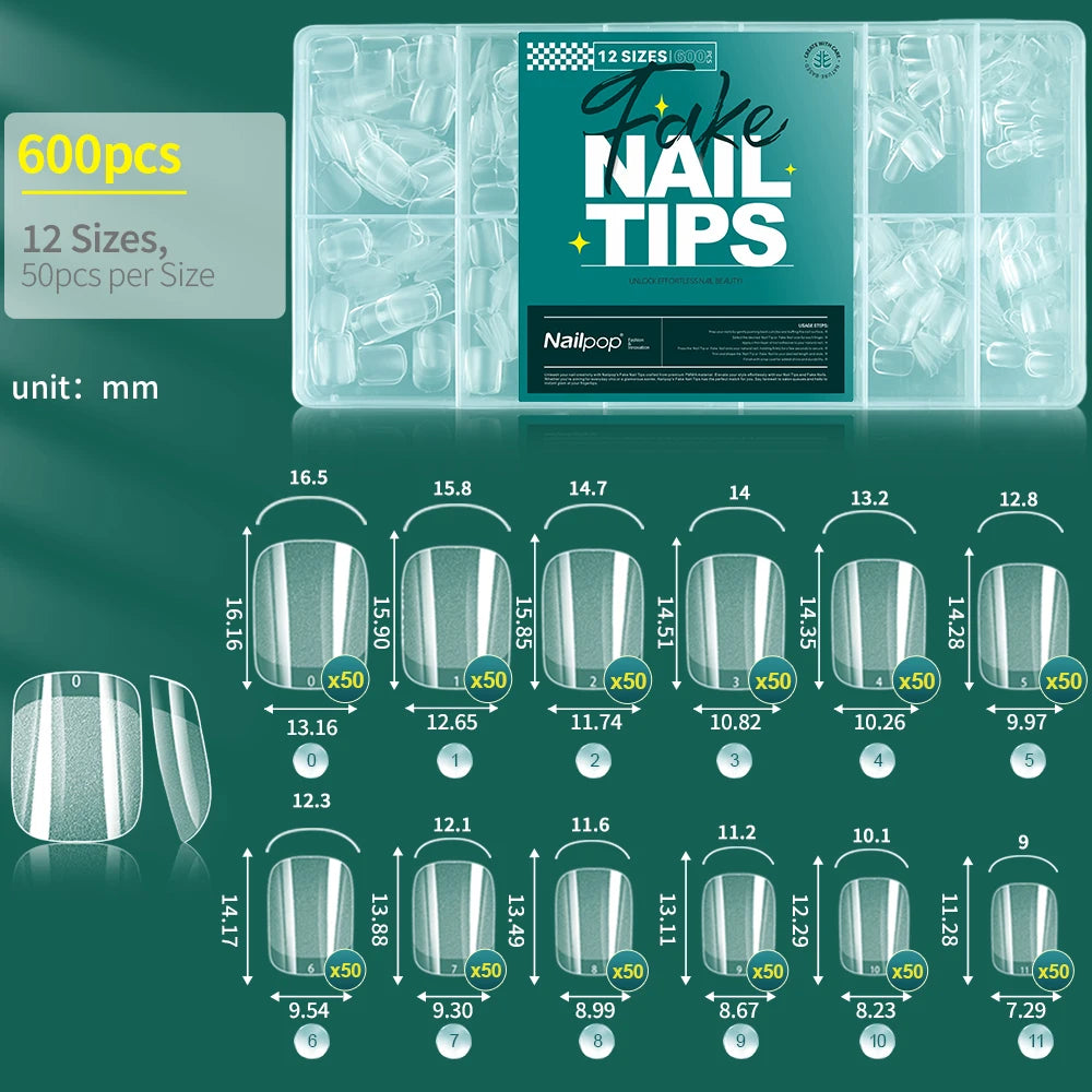 NAILPOP Soft Gel Nail Tips 600PCS Pre-Buff Full Cover Coffin Almond  Oval Shaped Nail Extenison Tips Half Matte Gel X Fake Nails
