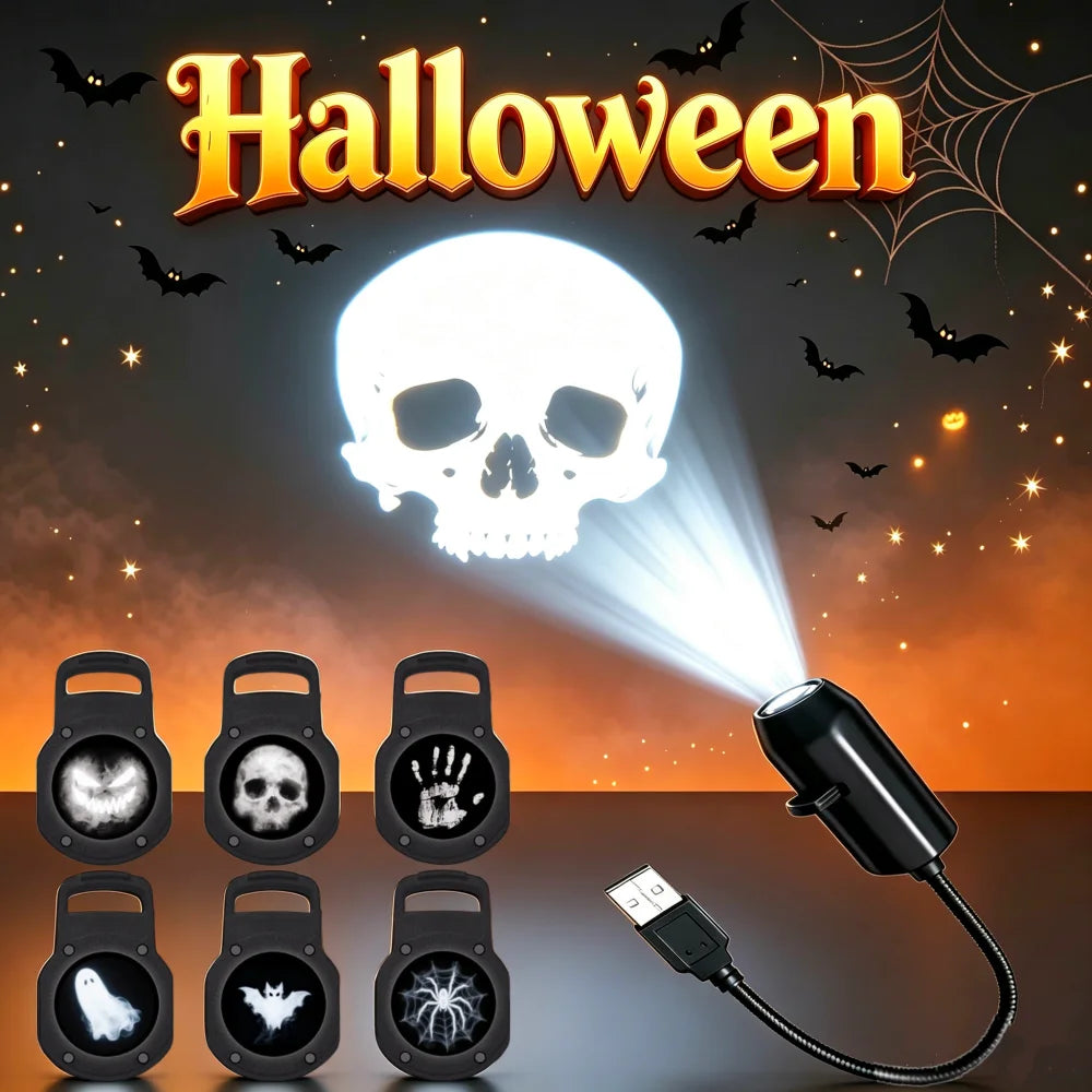 LED Projector Light Halloween Ghost Skull Night Light Switchable Pattern USB Projector Lamp for Room Ceiling Window Wall Decor