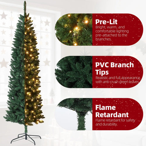 6FT Slim Pre-Lit Flocked Artificial Christmas Tree – Dual-Color LED Lights (400 LEDs), 8 Modes, Hinged Sections & Metal Stand for Home & Office Holiday Decor