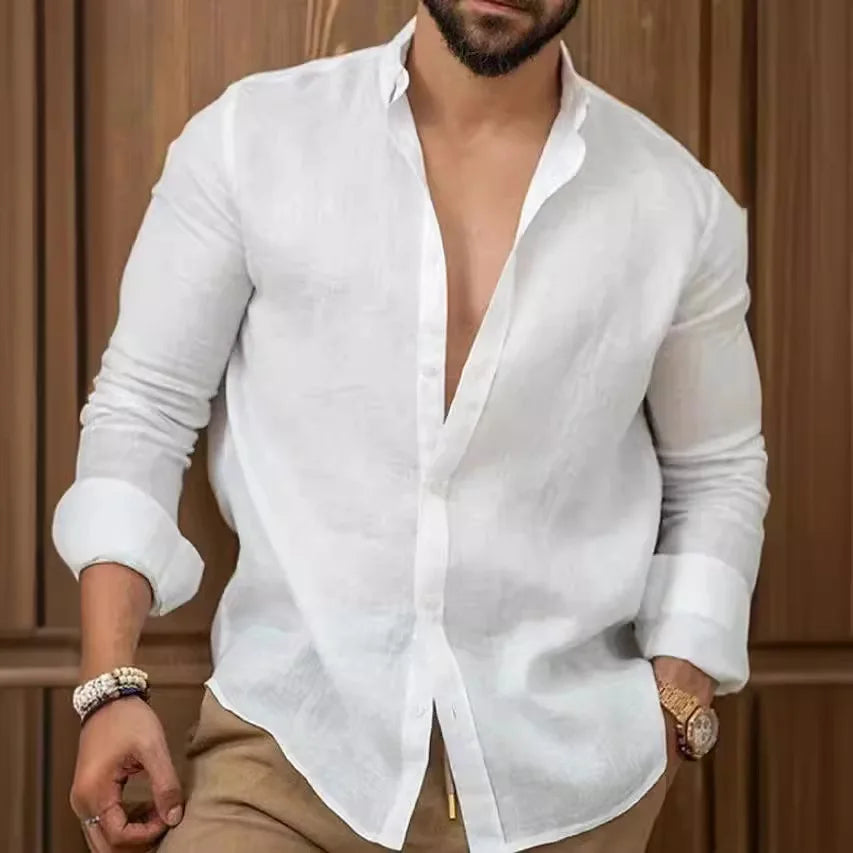 Men's Solid Color Cotton Linen Shirt Classic Button-Up Lapel Long Sleeve Loose Casual Top Spring Summer Fashion 2026