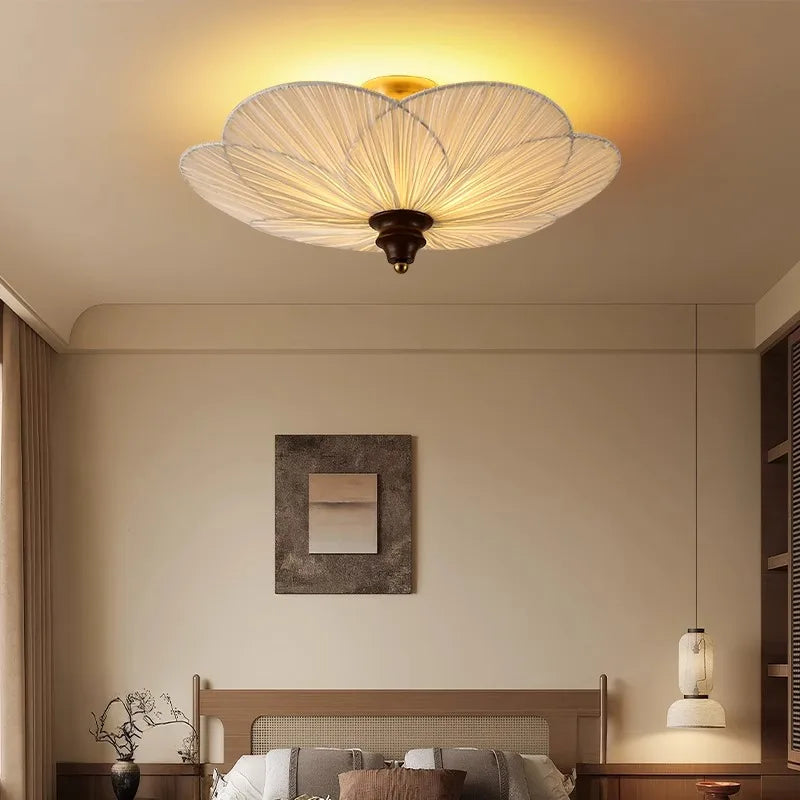 French Medieval Ceiling Lamp Cloth Lampshade Bedroom Plum Blossom Ceiling Lamp Wood American Retro Living Room Cloakroom Lamps