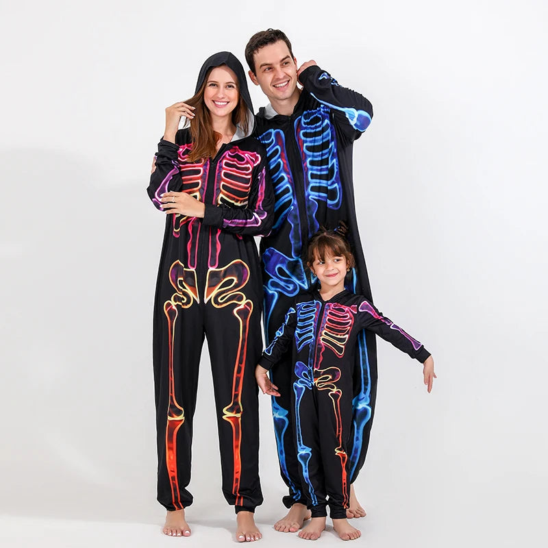 Halloween Scary Skeleton Costume for Adult Kids Family Horror Skull Jumpsuit Carnival Party Hooded Halloween Parent-Child Pajama