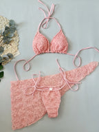 Women's Sexy 3 Piece Bikini Set 3D Flower Beach Skirt Swimsuit Pure Pink Triangle Halter Backless Thong Swimwear 2025 Summer New