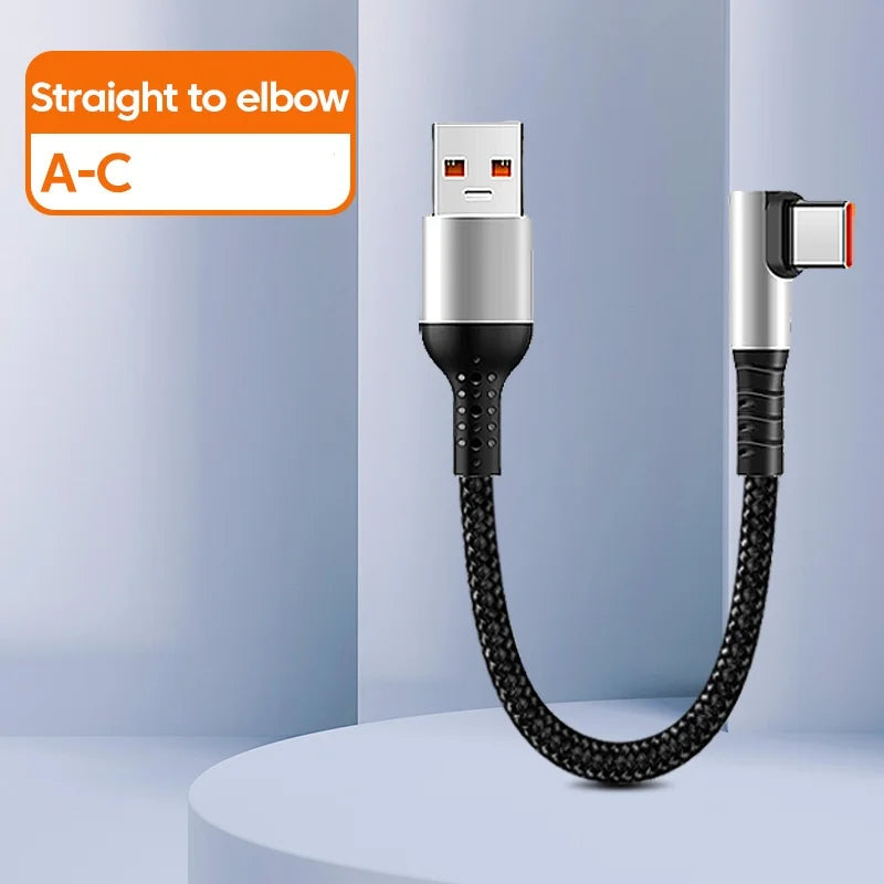 6A 0.25 0.5M Short Cable 90 Degree Elbow USB A Type C to Type C Cable Fast Charging Data Cord Power Bank Wire For iPhone 15 IPad