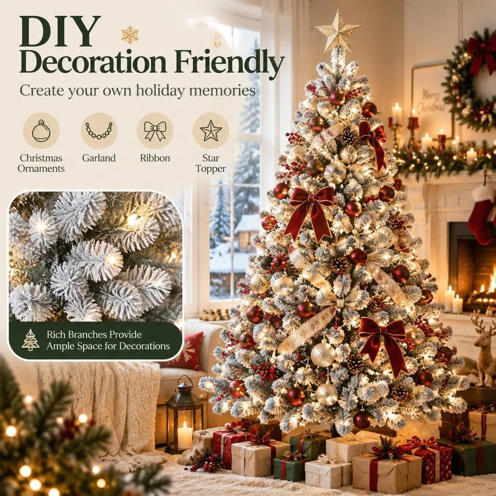 Prelit Artificial Christmas Tree with 100 Lights Snowflake Decorations Hinged PVC Branches Iron Trunk and Folding Metal Stand Green and White Holiday Decor for Living Room Home Christmas Party