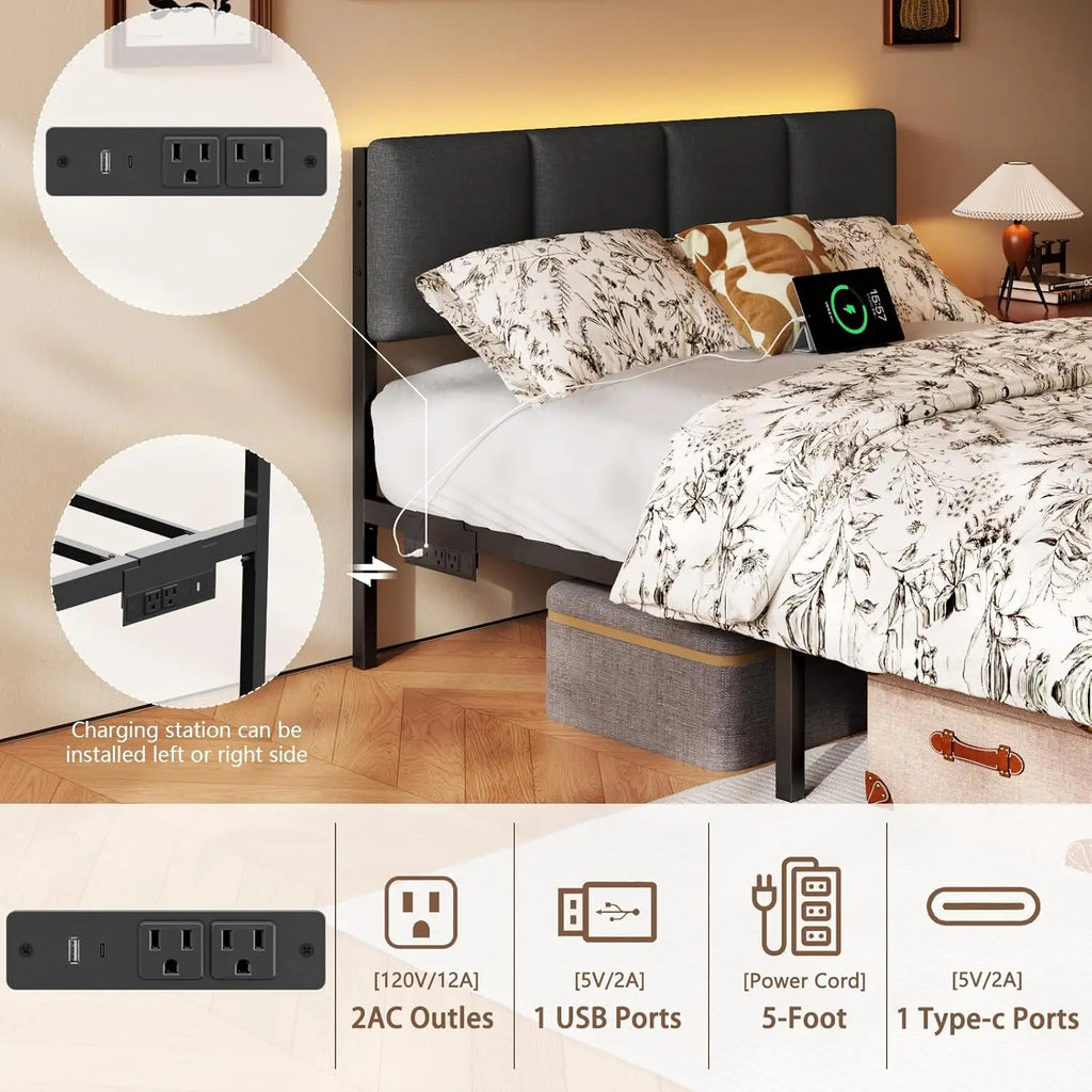 Furnulem Full Size Bed Frame with Headboard, Upholstered Full Bed Frame with LED Light, USB Charging Station, Platform Bedframe