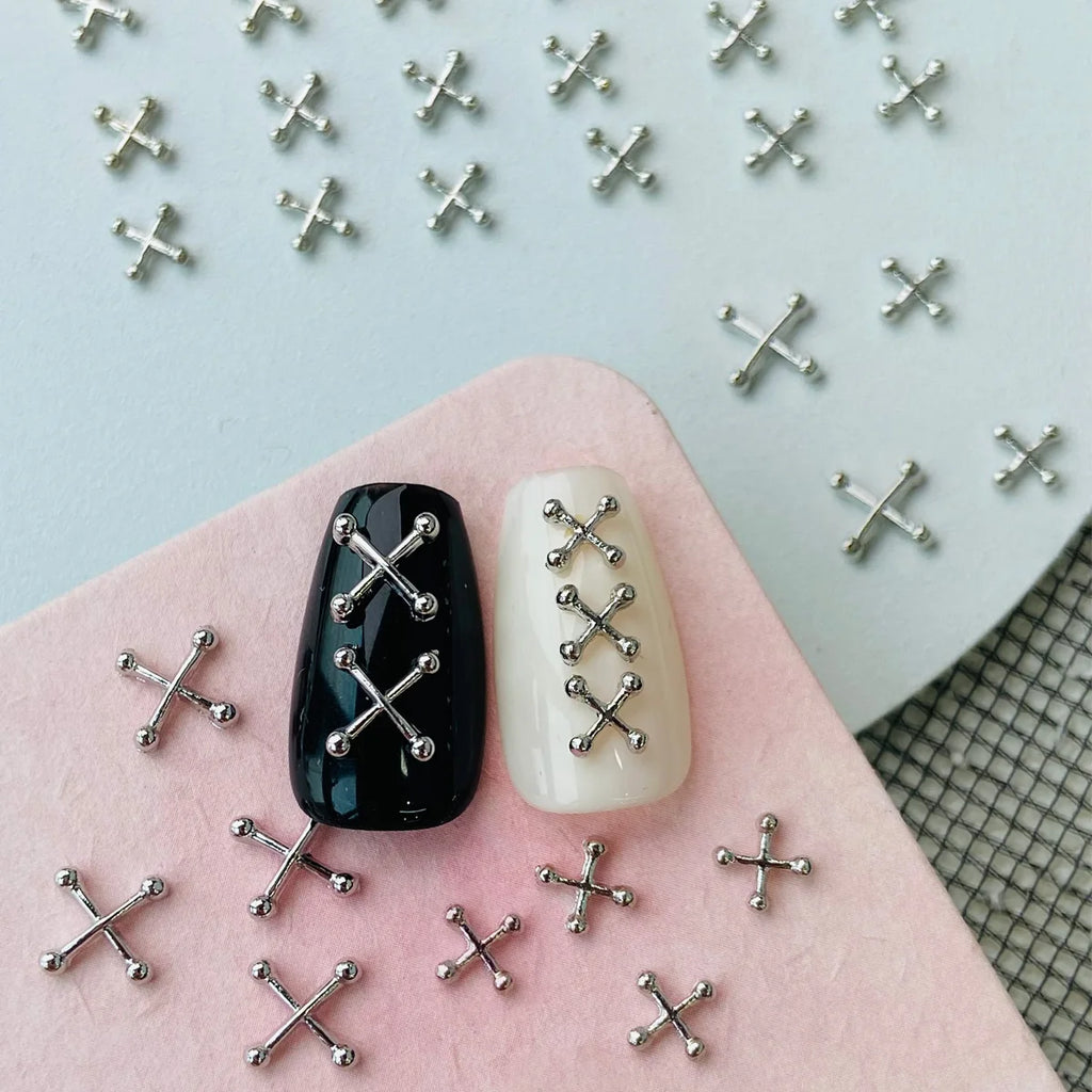 50PCS Mixed Size 3D Punk Silver Cross Metal Parts Manicure Accessoire Nail Decoration Alloy Retro Cross Nails Art Charms